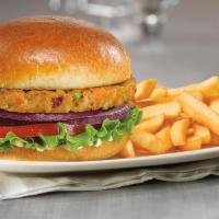 Veggie Burger Deluxe Combo · Veggie Burger with lettuce, tomato, onion, & pickles served with French Fries & a Can of Soda