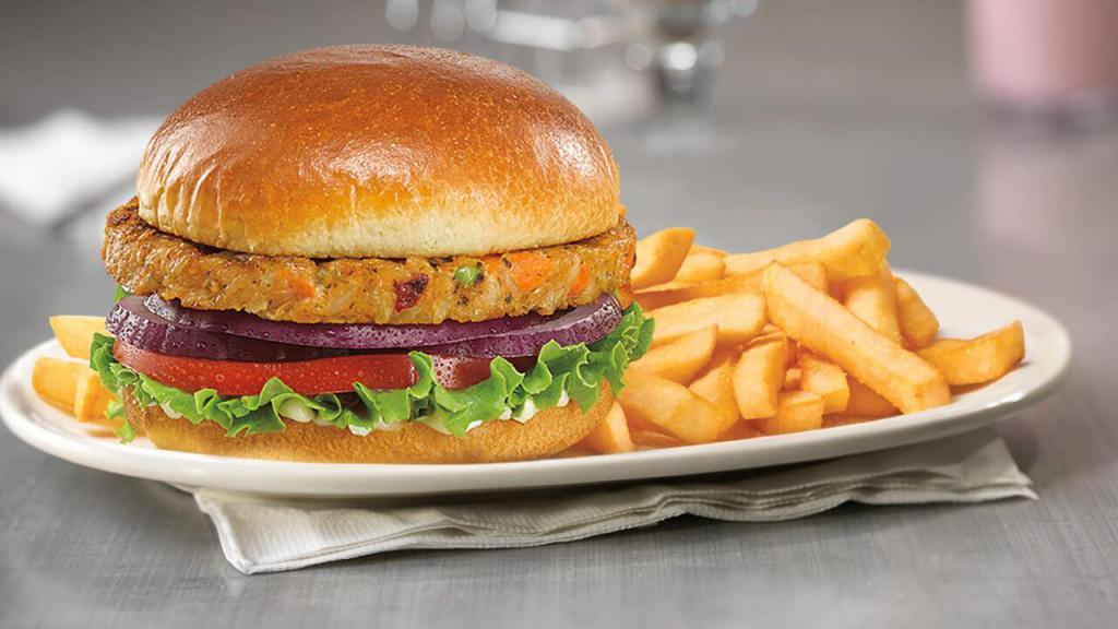Veggie Burger · Hamburger bread, onion, lettuce, tomato, hand made special veggie burger patty. Comes with French Fries