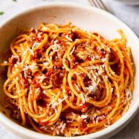 Spaghetti with Bolognese · Hearty bolognese sauce prepared with minced meat.