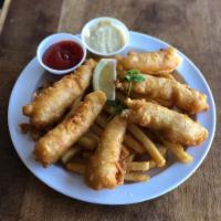 Fish and Chips · Beer battered cod fish and French fries.
