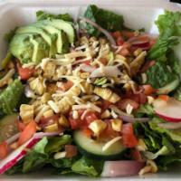 Galley Salad · Romaine lettuce, cucumber, radish, red onion, corn, cheese, tomato and avocado slices.  Dres...