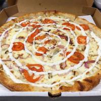 Chicken Ranch Pizza · Ranch base, grilled chicken, onion and tomato.