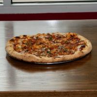 BBQ Chicken Pizza · Fresh mozzarella, chicken, BBQ sauce, bruschetta, bacon and cilantro.