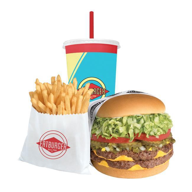 XXL Fatburger (1lb) Meal · This double patty burger equals 1 lb. of 100% pure lean beef, fresh ground and grilled to perfection on a toasted sponge-dough bun with choice of toppings and add-ons. Served with choice of fries and a drink.