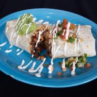 Steak Burrito · Spicy Brazilian beef with grilled onions, chipotle sauce, guacamole, beans, rice and fruit s...