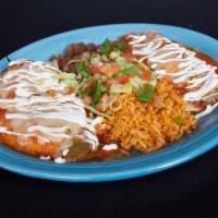 Enchilada and Chile Relleno Combo · Choice of meat or cheese for enchilada, choice of salsa, topped with sour cream and choice o...