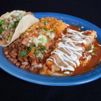 Enchilada and Taco Combo · Choice of meat or cheese for enchilada, choice of salsa, topped with sour cream and choice o...