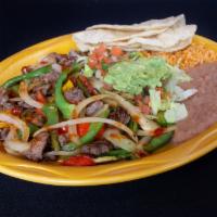 Fajita Dinner Combo Plate · Seasoned chicken or steak, grilled veggies and guacamole with choice of tortillas. Includes ...