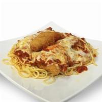 Chicken Parmesan · Lightly breaded chicken breasts baked and smothered with cheese and marinara sauce over spag...