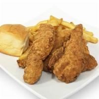 Chicken Breast Strips Dinner · Four pieces of juicy golden fried chicken strips. Served with French fries, dinner roll and ...