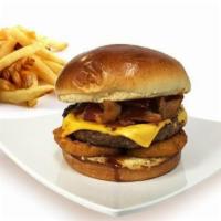 Western Bacon BBQ Cheeseburger · Onion rings, cheese, and BBQ sauce on a Brioche hamburger bun.