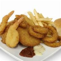 Seafood Combo Dinner · Two pieces of tender golden fried fish fillets, two pieces tender shrimp, one crab cake and ...