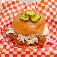 The Red Neck · Nashville hot chicken sandwich with LCR's famous coleslaw and sweet fire pickles. Spicy.