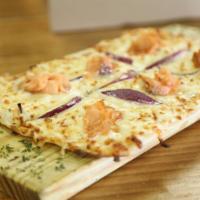 Salmon Pizza · Smoked salmon, red onion, cream cheese & mozzarella