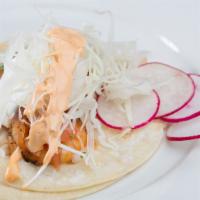 Shrimp Taco · Mixed cabbage, pico de gallo, sour cream and chipotle sauce.  All soft tacos served with oni...