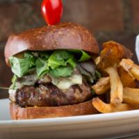 Beef Burger · 6 oz burger served with caramelized onions, sauteed shitake mushrooms, baby greens, pepperja...