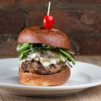 Chicken Burger · 6 oz burger served with caramelized onions, sauteed shitake mushrooms, baby greens, pepperja...
