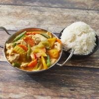 Thai Panang Curry · Spicy Thai curry with sweet and hot peppers, green beans, carrot, and squash. Gluten free an...
