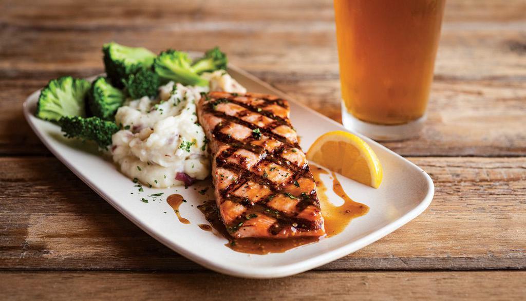 IPA Salmon · Grilled Atlantic Salmon, brushed with our sweet IPA glaze served with red skin mashed potatoes & steamed broccoli.