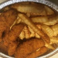 Chicken Strips · 6 pieces. Served with fries and honey mustard.