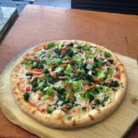 Veggie Pizza · Comes with onions, mushroom, peppers, broccoli, mozzarella cheese, tomatoes.