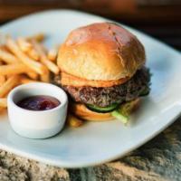 Lamb Burger · house made lamb burger, cucumber, red onion, mixed greens, red pepper aioli on a grilled pot...