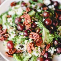 Wine Country Salad · Mixed greens, oven roasted grapes, rotisserie chicken, gorgonzola, candied pecans, and honey...