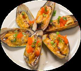 Baked Green Mussels · 6 baked green mussels with spicy mayo and sweet glaze topped with masago and scallions.