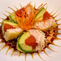 Avocado Bomb · Fried avocado with spicy tuna and crab mayo. Serve with spicy mayo, eel and wasabi sauces.