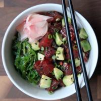 Tuna Poke Bowl · Sushi rice, lettuce, tuna, avocado, cucumber, seaweed salad, ginger, sesame seed and choice ...