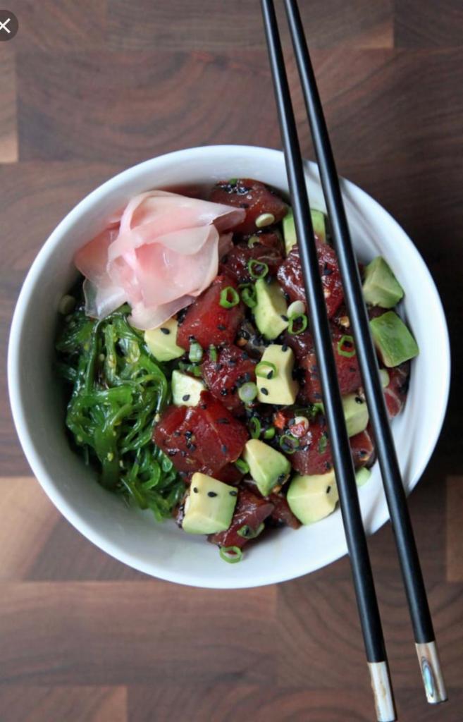 Tuna Poke Bowl · Sushi rice, lettuce, tuna, avocado, cucumber, seaweed salad, ginger, sesame seed and choice of spicy mayo, eel sauce.