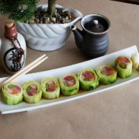 Tricolor Roll · A low carb roll with tuna, white fish, salmon, crab stick and asparagus wrapped in a thin cu...