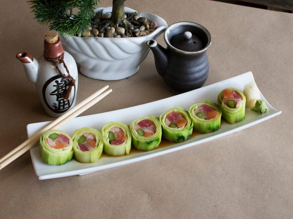 Tricolor Roll · A low carb roll with tuna, white fish, salmon, crab stick and asparagus wrapped in a thin cucumber sheet.