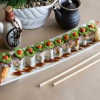 Surf and Turf Roll · Shrimp tempura with avocado and cucumber, topped with rib eye steak and jalapeno drizzled wi...