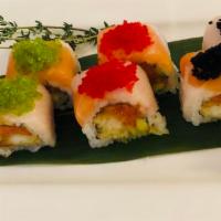 S13. Fat Boy Roll · Spicy tuna, shrimp tempura, avocado topped with salmon, yellowtail and fish egg.