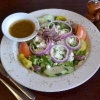Greek Salad · Imported feta cheese and Kalamata olives, red onions, tomatoes, cucumbers, pepperoncini and ...