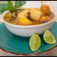 Sopa de Gallina con Albondiga · Nicaraguan chicken soup, served with albondiga.