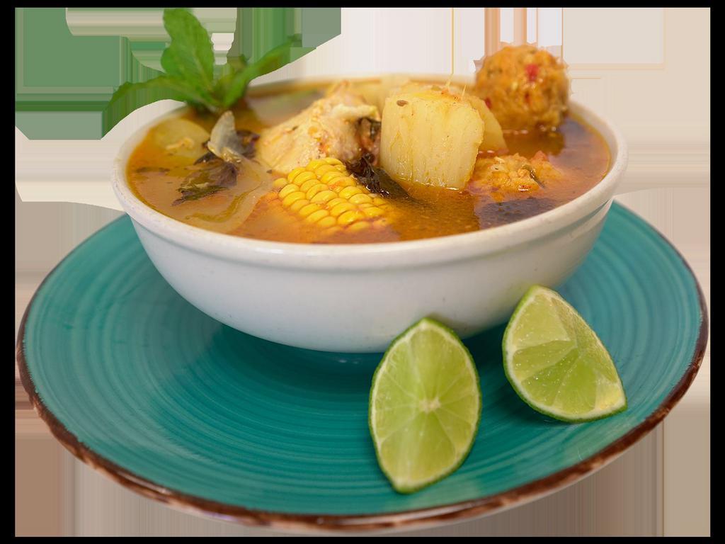 Sopa de Gallina con Albondiga · Nicaraguan chicken soup, served with albondiga.