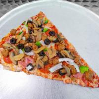 The Works Slice Pizza  · Pepperoni, Canadian bacon, sausage,beef, mushrooms, onions, green pepper, black olives.