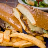 Philly Steak Sandwich  Lunch · Thinly slice roast beef with grilled onions and bell pepper covered with provolone cheese on...