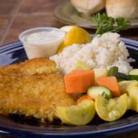 Grilled Cod Filet Lightly Breaded Lunch · Served with rice and veggies.
