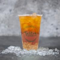 Lychee Peachee Tea · Peach black tea with diced lychee.