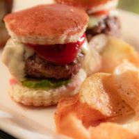 Grass-Fed Beef Sliders · With Gruyere Cheese, Pickles, Onions, Ketchup and Mustard on Mini Brioche Buns. Served with ...