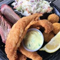 Rib and Fish Combo Dinner · Two ribs and hand-breaded fish, served with your choice of two side dishes, hush puppies, ta...