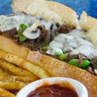 Philly Cheese and Steak Sandwich · Our famous Philly, smothered in American cheese, mayo. 

You may add sauteed peppers, onions...