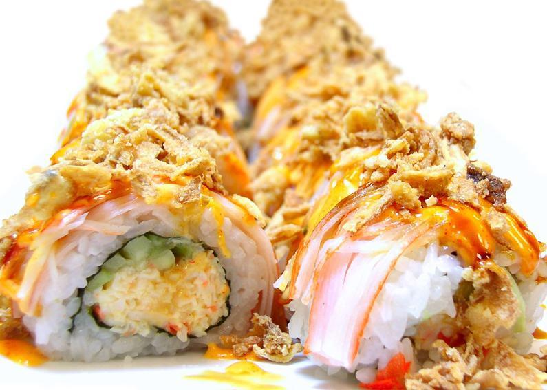 8. Crunch Roll · Mix-crab, avocado, cucumber, sushi sauce, spicy mayo, fried onion.