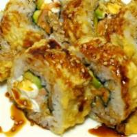 17. Tempura Philly Roll · Deep-fried roll-inside-crab stick, avocado, cream cheese, spicy mayo, sushi sauce.
