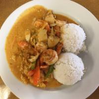 50. Thai Curry with Seafood · 2 scoops of rice, potato, carrots, cabbage. Spicy.