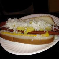 Hawaiian Dog · Topped with diced pineapple and coconut shaving.