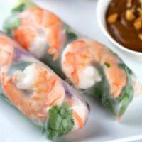 Rice Paper Wrap · Shrimp, cucumber, carrot, avocado and basil served with peanut hoisin sauce. Gluten free.